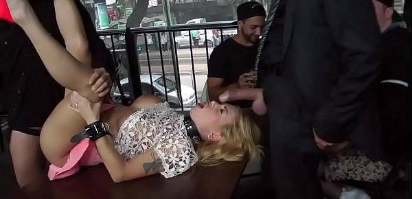 Blonde in pink skirt anal fisted in public bar